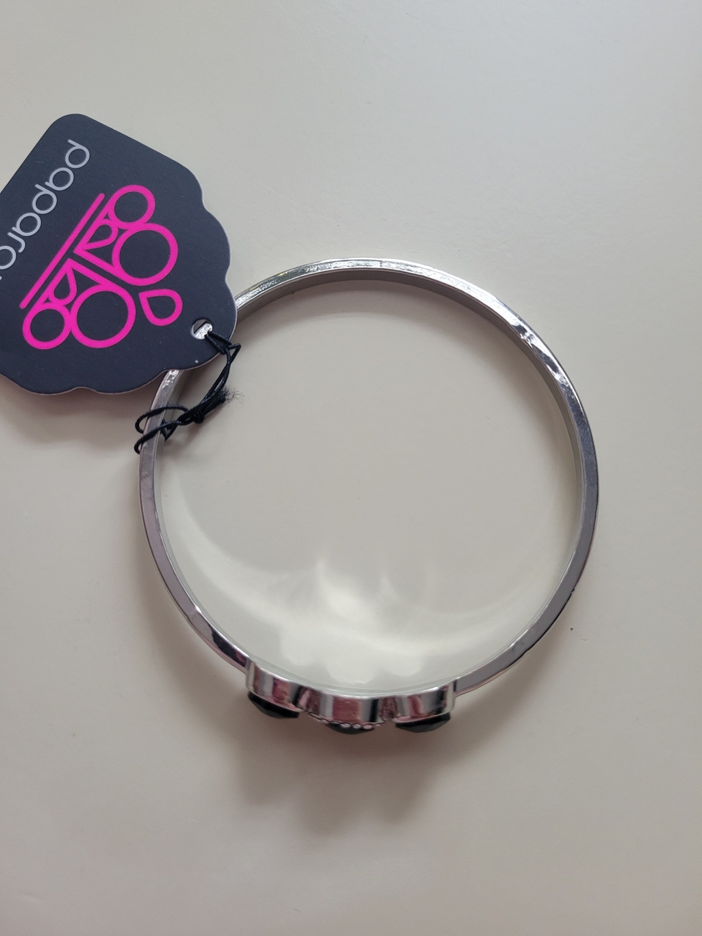 Paparazzi Black Crystal Three-Stone Silver Bangle Bracelet - Picture 3 of 3